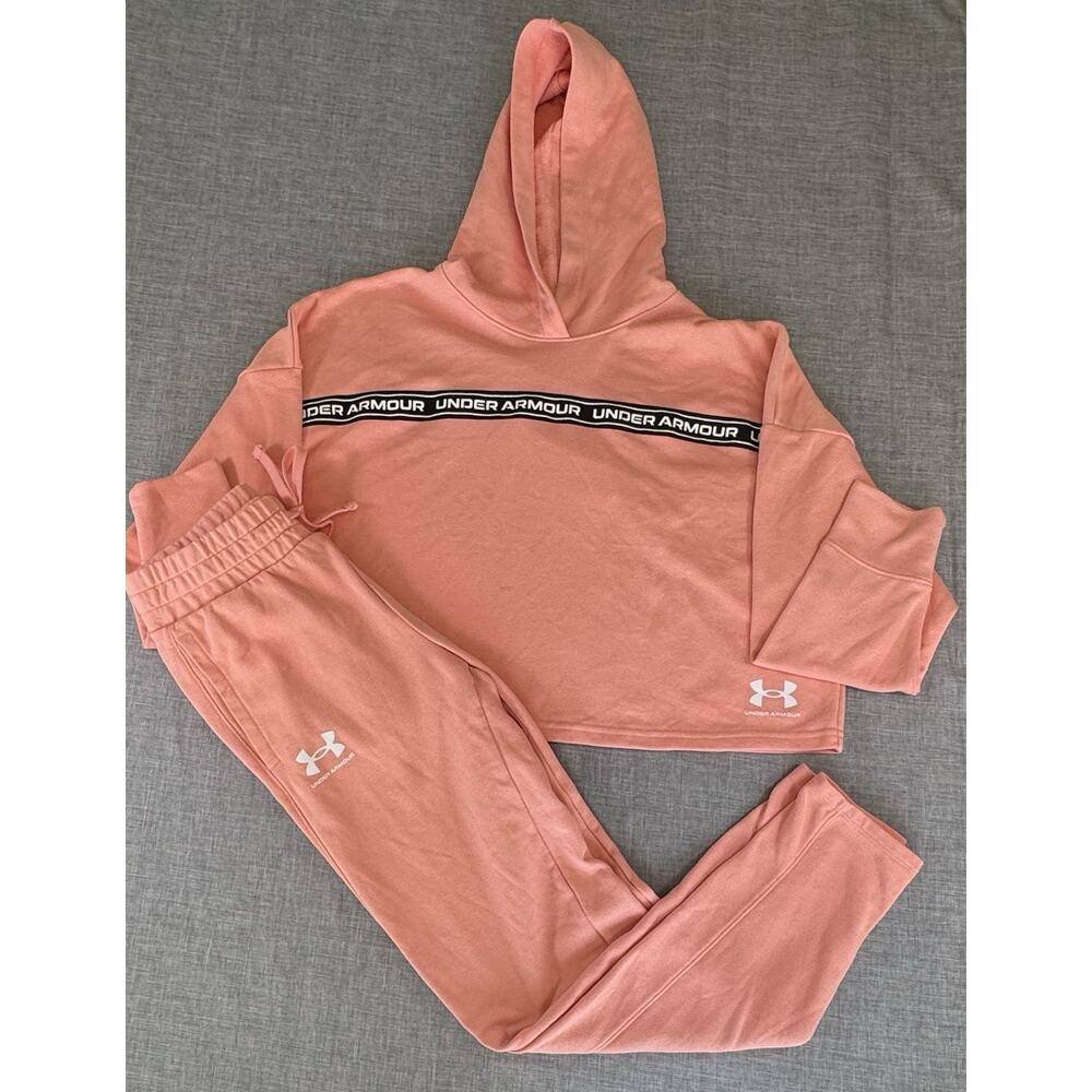 Under Armour Womens Pink Hoodie Jogger Set Small Crop Sweatpants Lounge Outfit